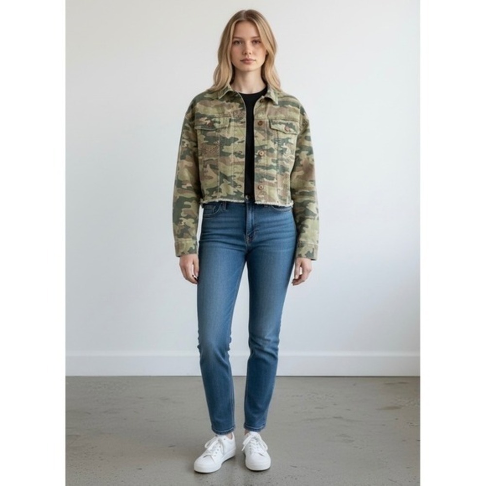 Free People Camo Cropped Denim Jacket Green Camouflage Raw Hem Small - Picture 2 of 7